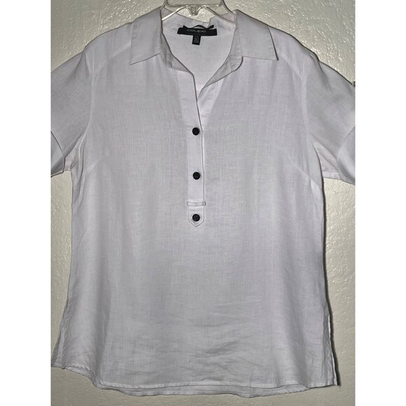 Coupe Collection 100% Linen White1/4 Buttoned Collared Blouse - Picture 3 of 16
